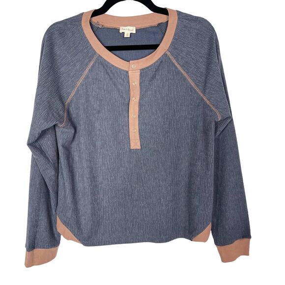 Hem & Thread Small S Denim Blue Textured Boxy Henley Pullover Top Long Sleeve - Picture 1 of 9